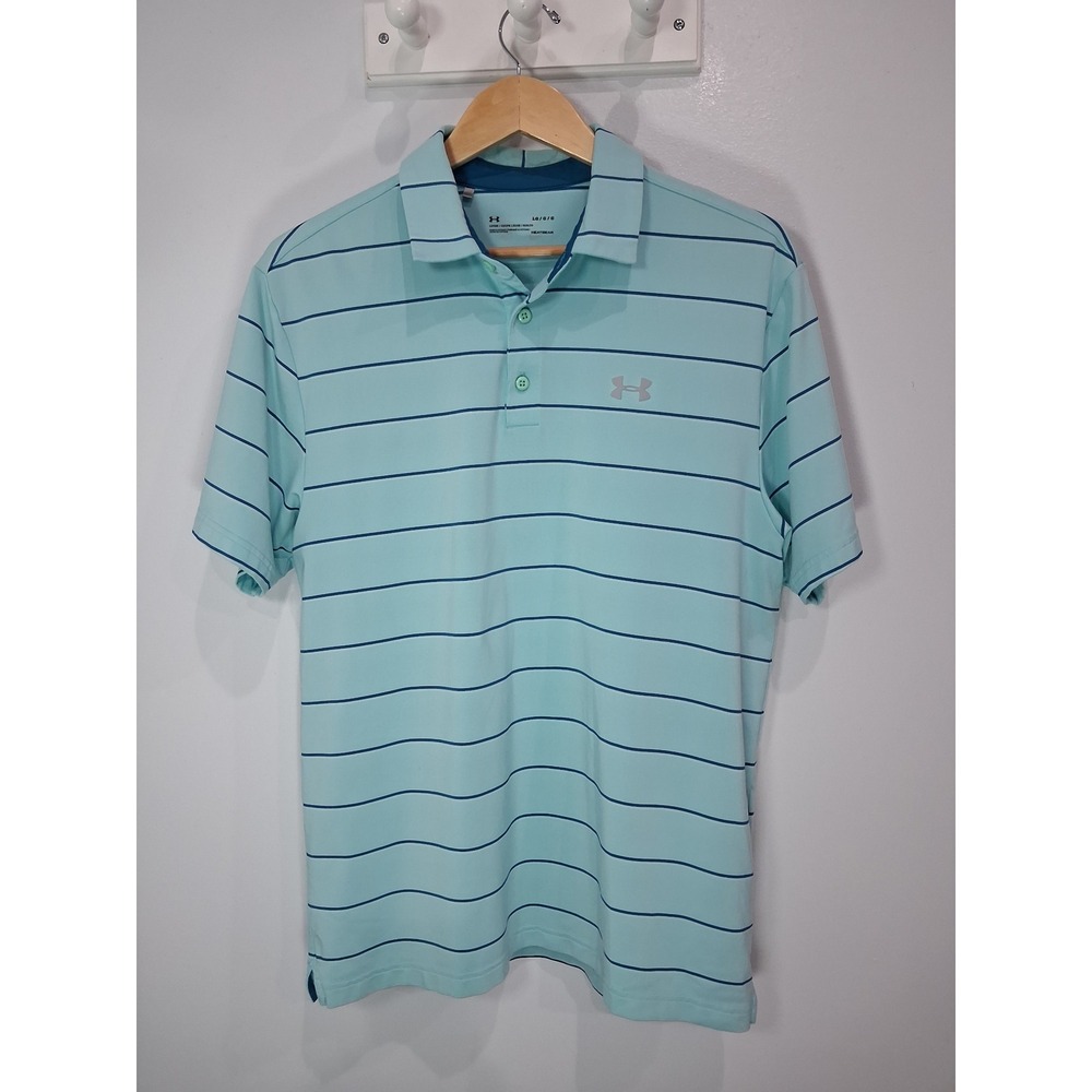 Under Armour Mens HeatGear Striped Polo Shirt Aqua Blue Navy Loose Fit Large